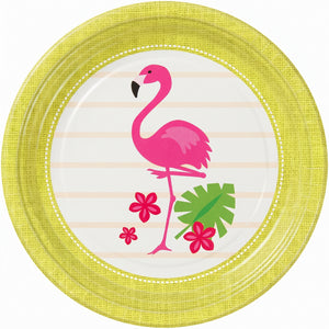 Tropical Flamingo Paper Plates 6.75 Inch Round - Disposable Luau Party Supplies for Summer Birthday, Pool Party, BBQ and Bridal Shower