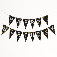 Sparkling Celebration "Happy Birthday" Customizable Pennant Banner - Black/Gold/Silver
