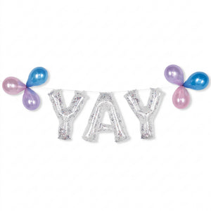 Silver Glitter "Yay" Balloon Banner Kit - Air-Filled Foil Decoration