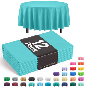 Premium Round Aqua Blue Plastic Table Covers | 12 Pack - 84 in.