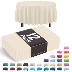 Premium Round Ivory Plastic Table Covers | 12 Pack - 84 in.