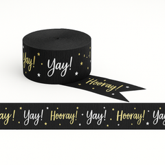 Black & Gold "Yay" Crepe Paper Streamer - 81 ft