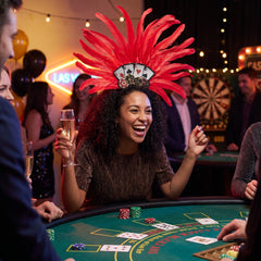 Deluxe Casino Feather Headband with Poker Chip and Card Design