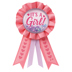 "It's a Girl" Confetti Shaker Award Ribbon - Pink Baby Shower Accessory