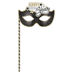 "Happy New Year" Masquerade Mask on a Stick - Black & Gold