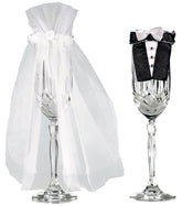 Bride & Groom Champagne Flute Covers with Veil & Tuxedo