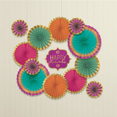 Vibrant Diwali Paper Fan Decoration Kit with "Happy Diwali" Sign