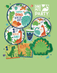 Little Gym - Dino-Mite "Happy Dino Birthday" Dinosaur Round Paper Disposable Lunch Plates, Blue/Green, 9-in, for Birthday Party - 8 Ct.