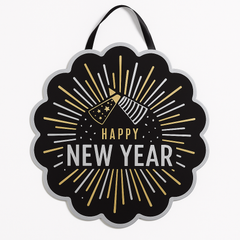 "Happy New Year" Hanging Cardboard Sign - Black, Silver & Gold