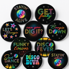 70's Disco Party Buttons - Neon Phrases, 10-Pack
