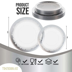 Trendables 60 Pack Combo Plastic Plates Set - 30-10.25 inch. Plastic Dinner Plates & 30-8 inch. Dessert Disposable Plates - Clear Plastic Plates For Parties With A Silver Scratched Design Rim