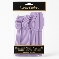 Lavender Assorted Plastic Cutlery Set - 24 Pieces - 7.5 in.