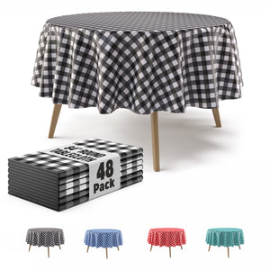 Round Black Gingham Plastic Table Cover | 84 in. | Case of 48