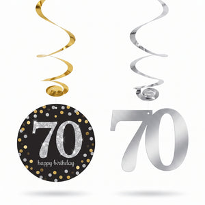 Sparkling Celebration 70th Birthday Swirl Decorations - Metallic Gold, Silver, and Black
