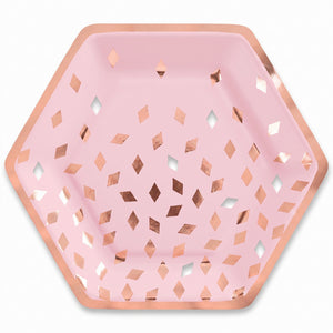 Blush Birthday Hexagon Metallic Plates - 9" Pink/Rose Gold, 8-Pack