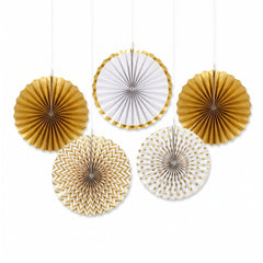Mini Gold Patterned Paper Fan Decorations, 5-Pack