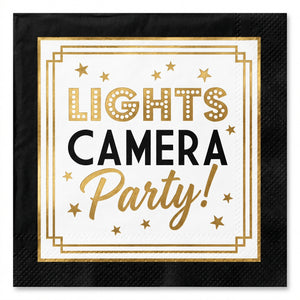 Hollywood Awards Night Beverage Napkins - "Lights Camera Party!" Theme, 40-Pack - 5 In. X 5 In.