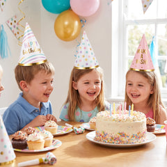 "Happy Cake Day" Mini Cone Birthday Party Hats - Metallic Pastel, 12-Pack