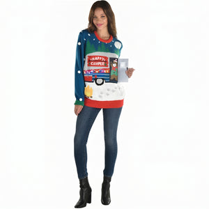 Ugly Christmas Sweater Women Pullover - Light Up Happy Camper Interactive Holiday Sweater with LED Lights, Bear Flap, 3D Details - Adult S/M