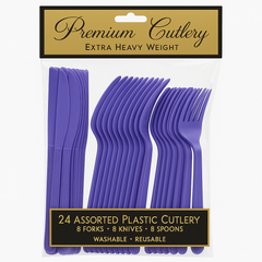 Purple Heavyweight Plastic Cutlery Set - 24 Pieces - 7.5 in.
