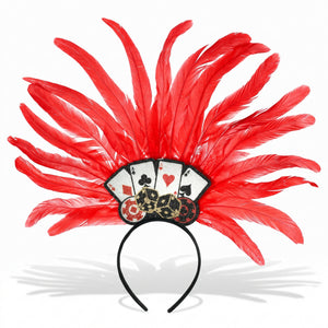 Deluxe Casino Feather Headband with Poker Chip and Card Design