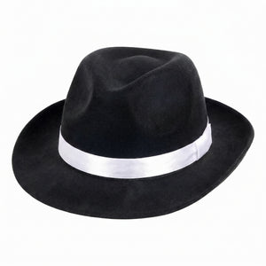 Black Gangster Fedora Hat with White Satin Band