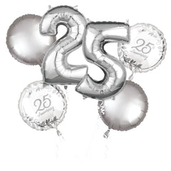 Silver 25th Anniversary Foil Balloon Bouquet - 5 Piece Set