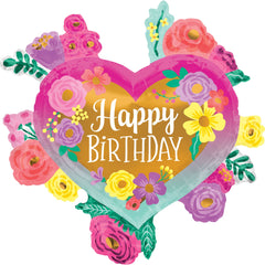 Vibrant Painted Flower Happy Birthday Super Shape Foil Balloon