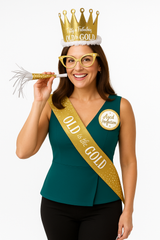 Golden Age Celebration Kit: Crown, Button, and Horn Set for Milestone Birthdays