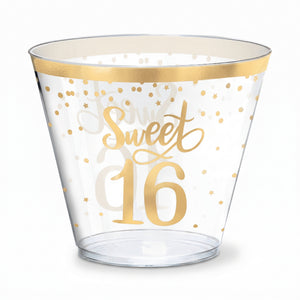 Sweet 16 Metallic Gold Plastic Cups, 9oz, 30 Pack