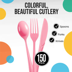Pink Cutlery Combo Set - 50 Forks 50 Spoons and 50 Knives - 7.5 in.