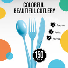 Light Blue Cutlery Combo Set | 50 Forks 50 Spoons And 50 Knives - 7.5 in.