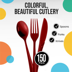 Burgundy Cutlery Combo Set | 50 Forks 50 Spoons And 50 Knives - 7.5 in.