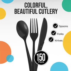 Black Cutlery Combo Set | 50 Forks 50 Spoons And 50 Knives - 7.5 in.