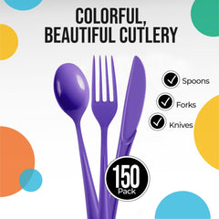Purple Cutlery Combo Set | 50 Forks 50 Spoons And 50 Knives - 7.5 in.