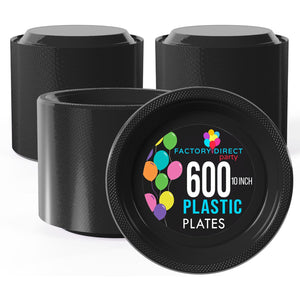 10 in. Black Plastic Plates | Case of 600