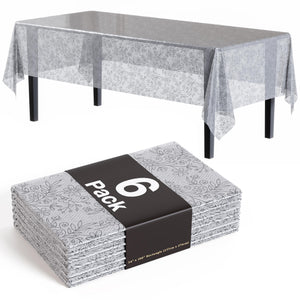 Silver Floral Plastic Table Covers | 6 Pack - 54 In. x 108 In.