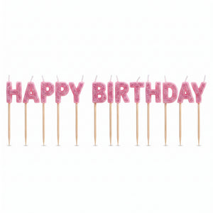 Glitter Pink "Happy Birthday" Candle Picks - 13 Piece Set