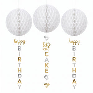 Metallic Gold and Silver Honeycomb Hanging Decorations with Tails, 3-Pack