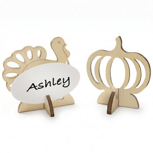 Pumpkin & Turkey Wooden Nametag Holders - Thanksgiving Table Decor