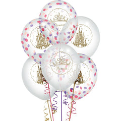 Little Gym - Disney Princess Once Upon A Time Round Transparent Confetti Latex Balloons, Purple/Pink/Gold, 12-in, for Birthday Party - 6 Ct.