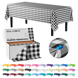 54 in. x 300 Ft. Cut to Size Plastic Table Cover | Black Gingham