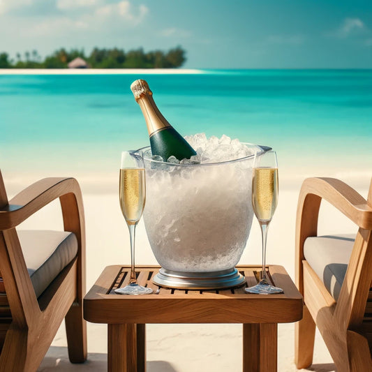 clear plastic ice bucket chilling a bottle of champagne, set between two wooden beach chairs against the backdrop of a serene beach.