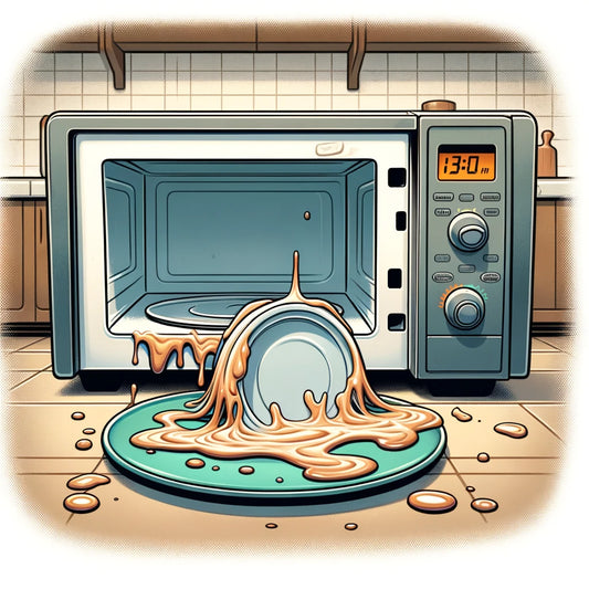 Melted plastic plate beside an open microwave.