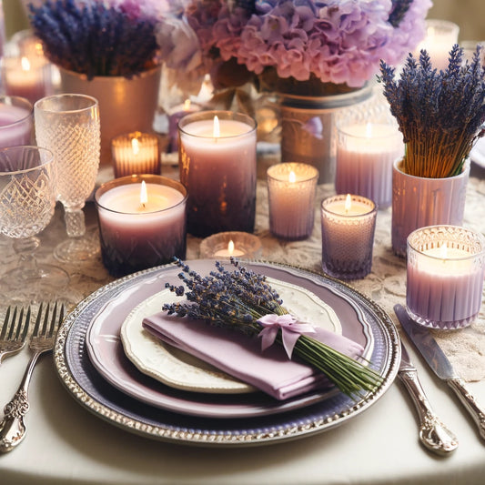 Bridal shower table set with elegant purple plates and adorned with lavender-scented candles.