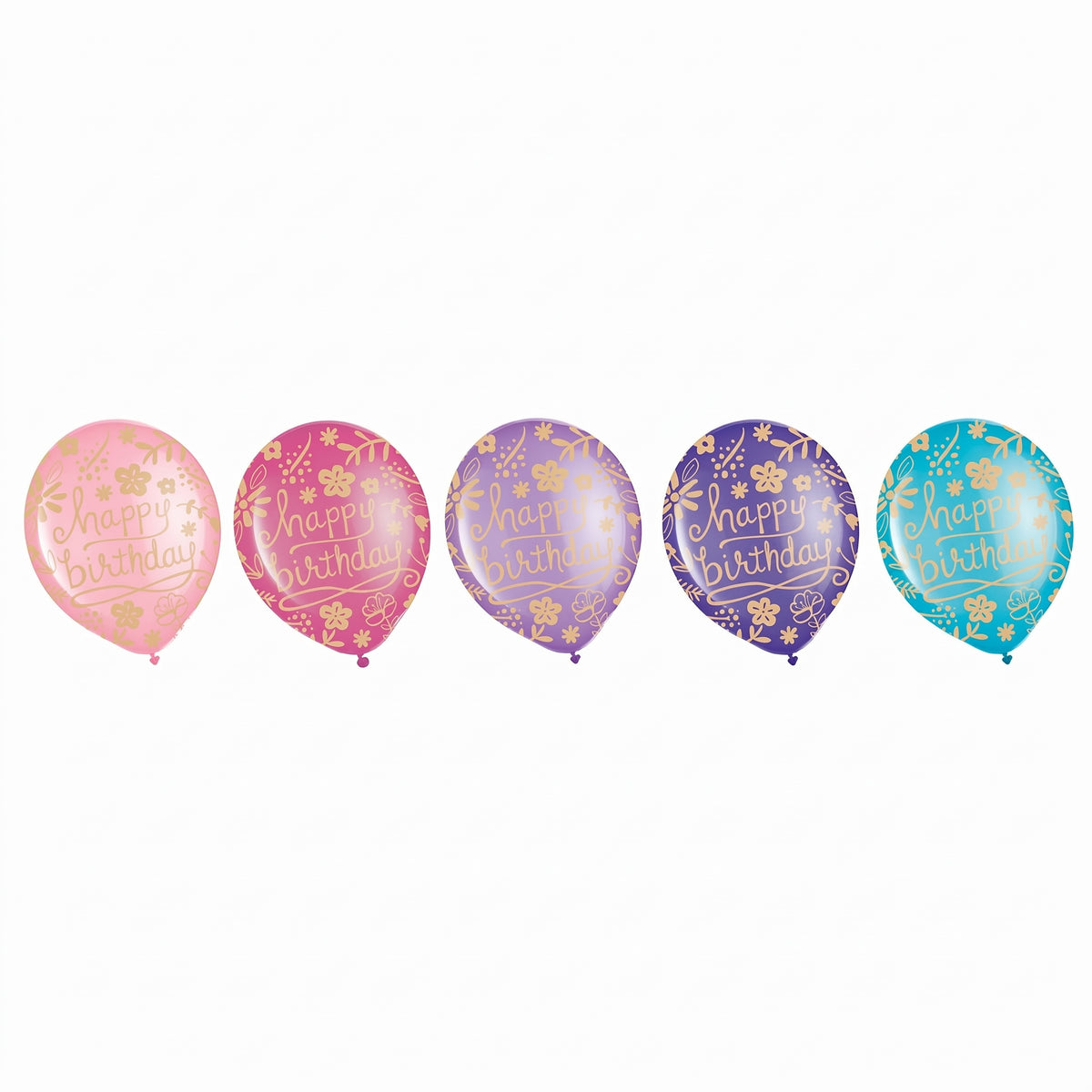 Happy Birthday Floral Latex Balloons - Gold Print Assorted Pink Purple Blue Teal 12-Inch 20-Pack for Elegant Birthday Party Decorations