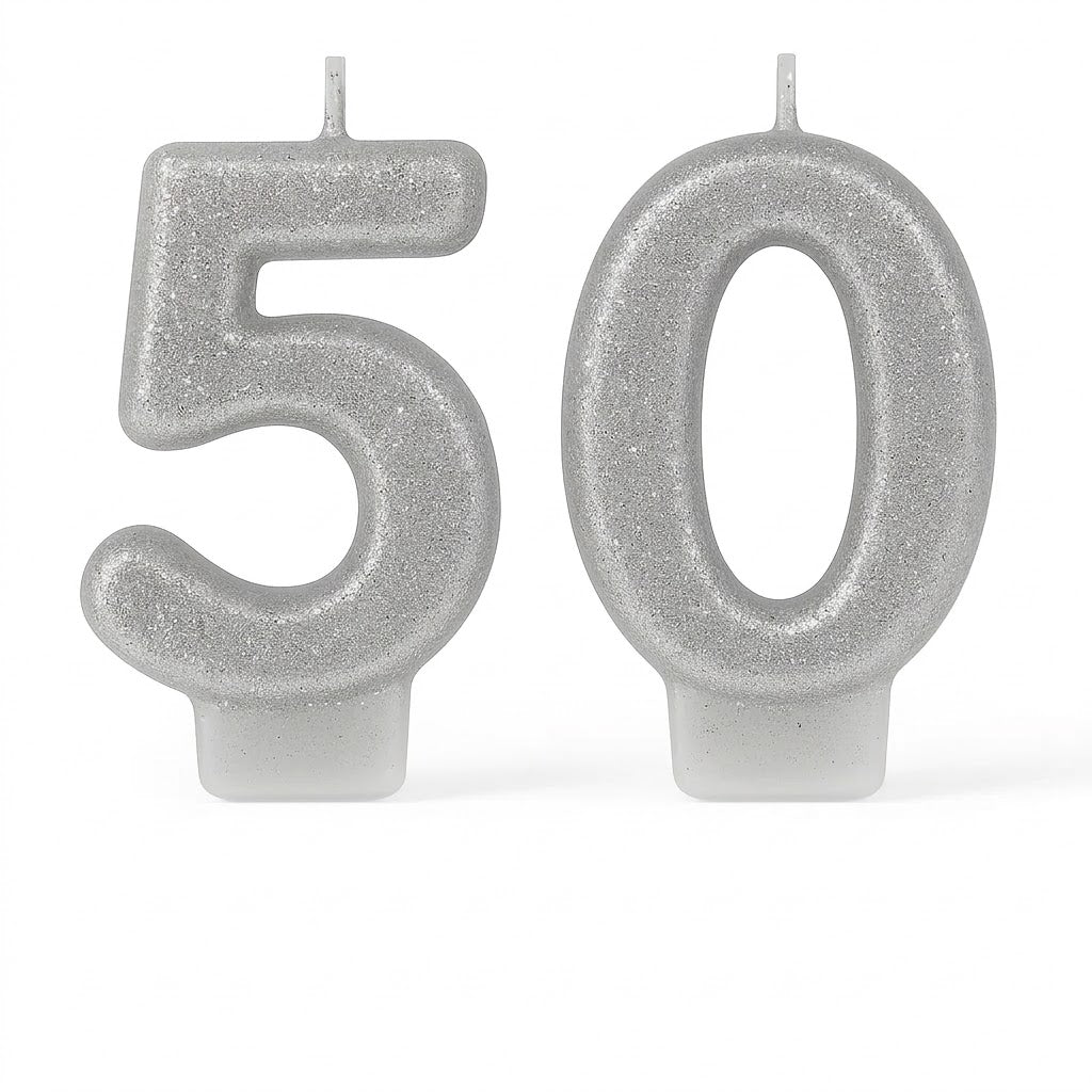 Silver Glitter "50" Birthday Candle Set