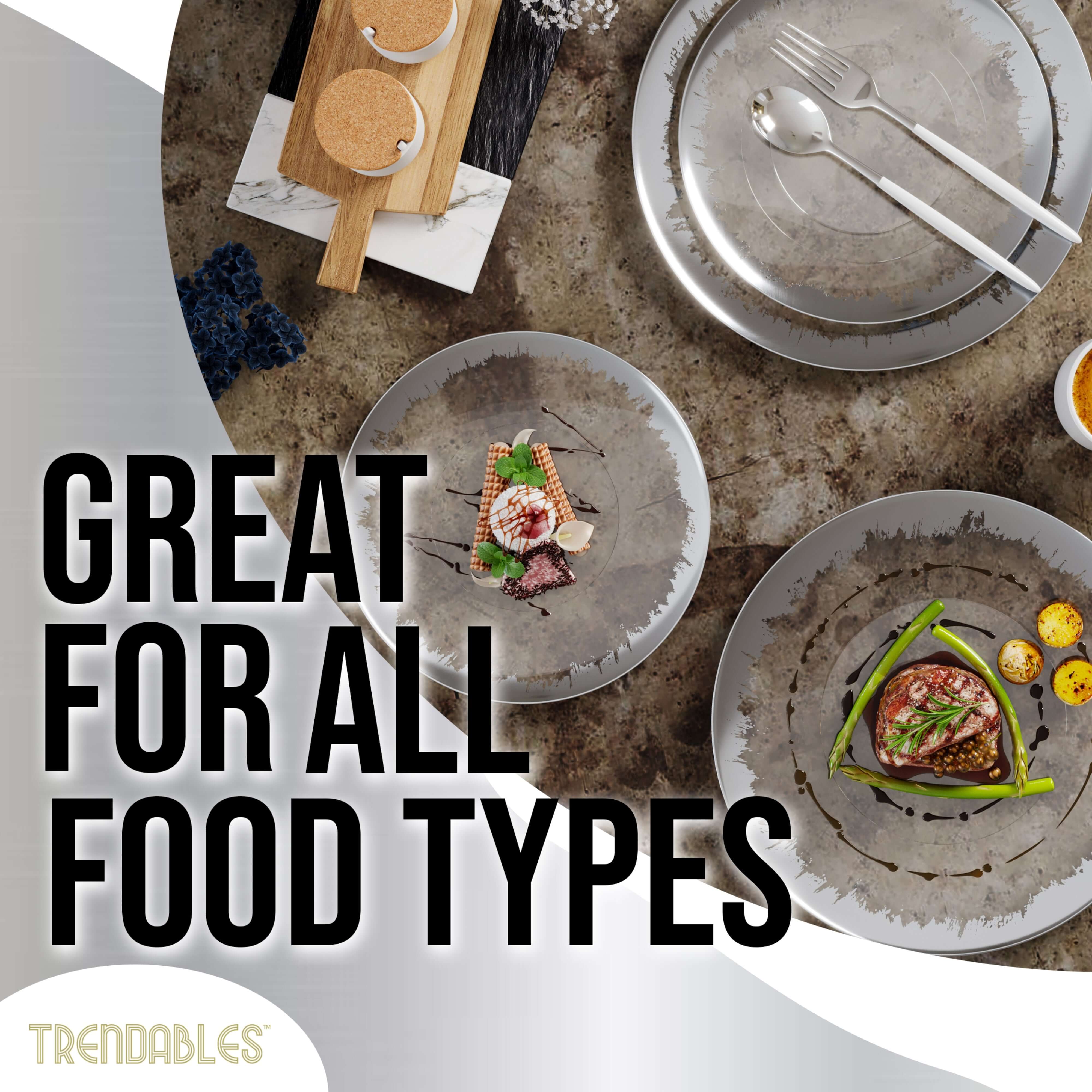 Trendables 60 Pack Combo Plastic Plates Set - 30-10.25 inch. Plastic Dinner Plates & 30-8 inch. Dessert Disposable Plates - Clear Plastic Plates For Parties With A Silver Scratched Design Rim