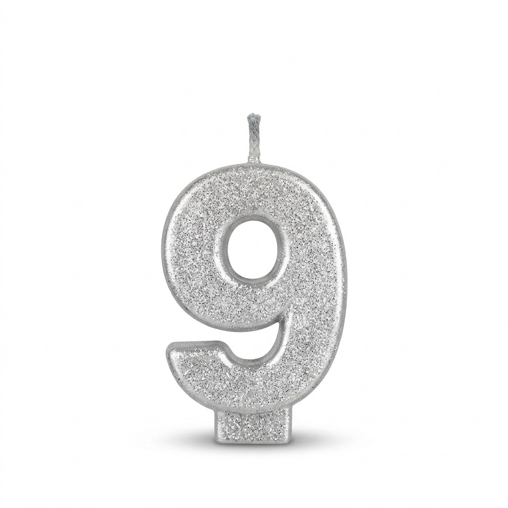 Shimmering Silver Number 9 Birthday Candle