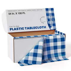 54 In. x 100 Ft. Cut to Size Plastic Table Cover  | Blue Gingham | Case of 6